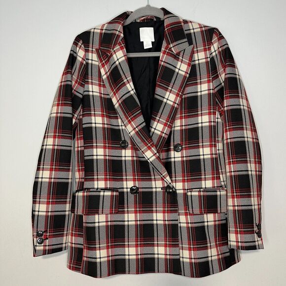 H&M Double Breasted Blazer Women 4 Red Black Tartan Plaid Oversize Career Preppy - Picture 2 of 11
